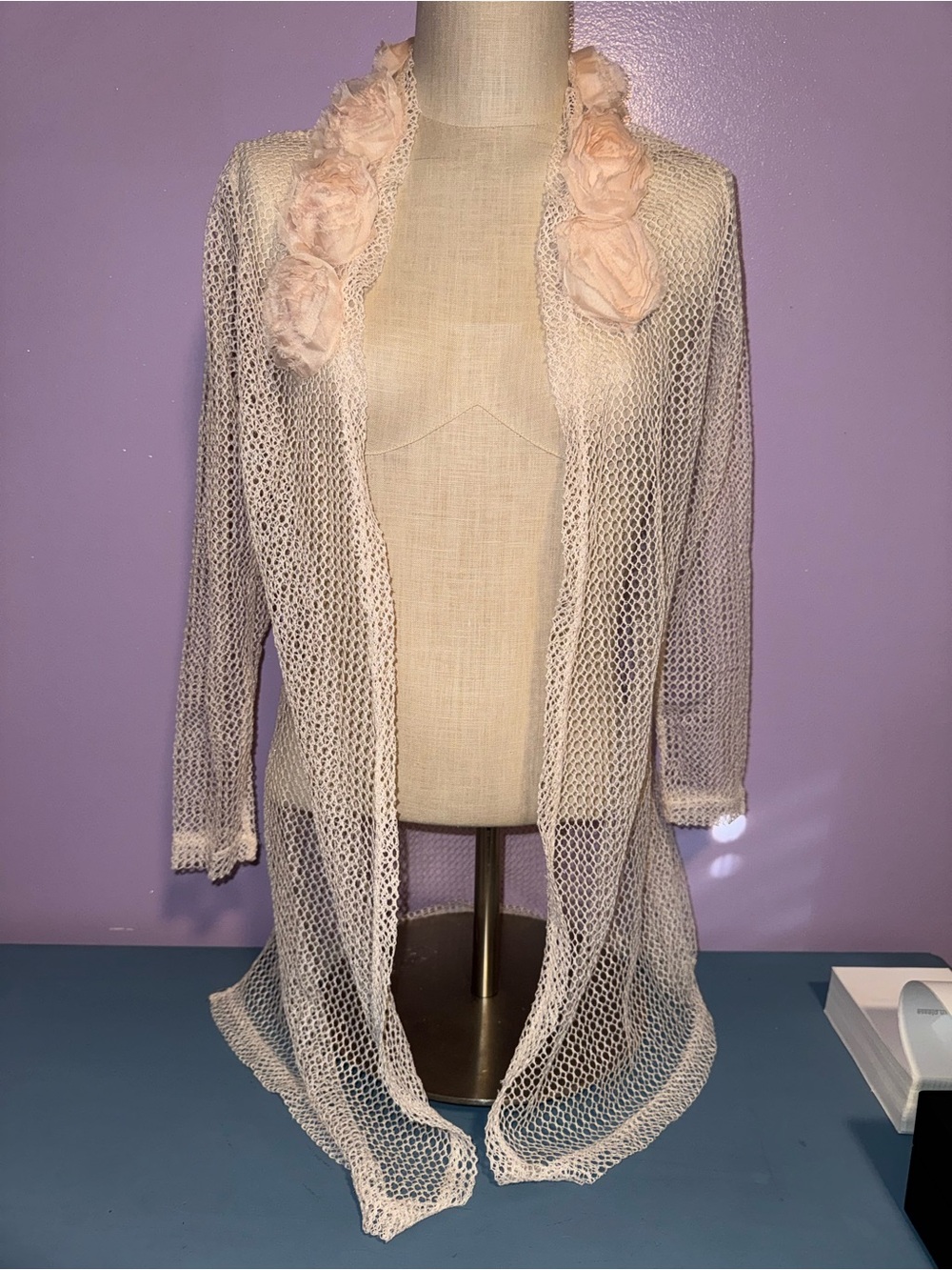 krazy kat Pale Pink Open Knit Cardigan with Floral Trim